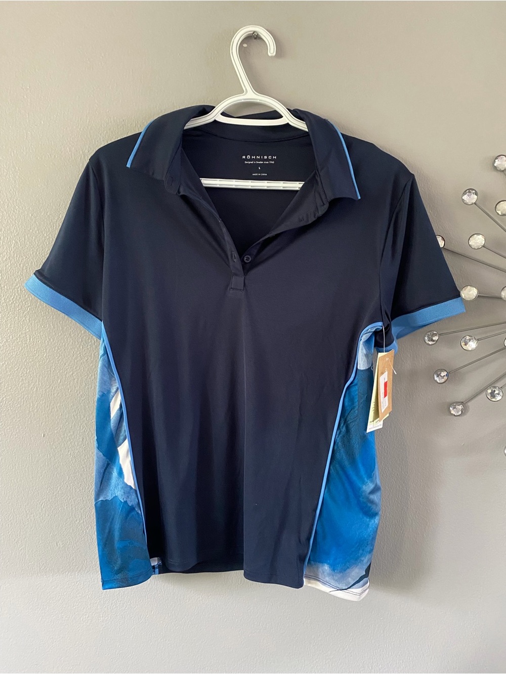 BNWT Rohnisch Navy Polo with Sky Blue Accents size large